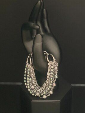 Multi-Strand Stainless Steel Bracelet w/ Metallic Green Beads – Statement Chain